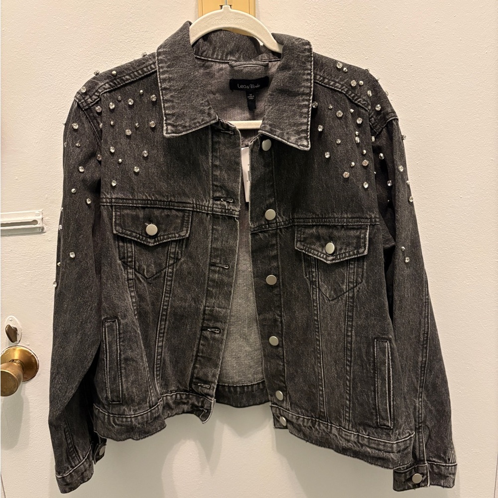Lea & Viola Charcoal Denim Jacket with Pearl Details